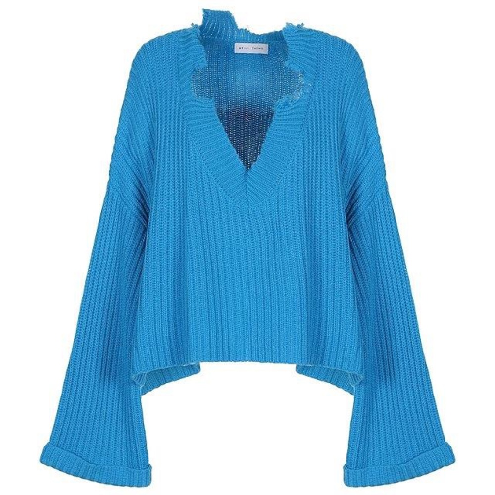 Weili Zheng Beautiful Blue Chunky Knit Sweater with Raw neckline hem